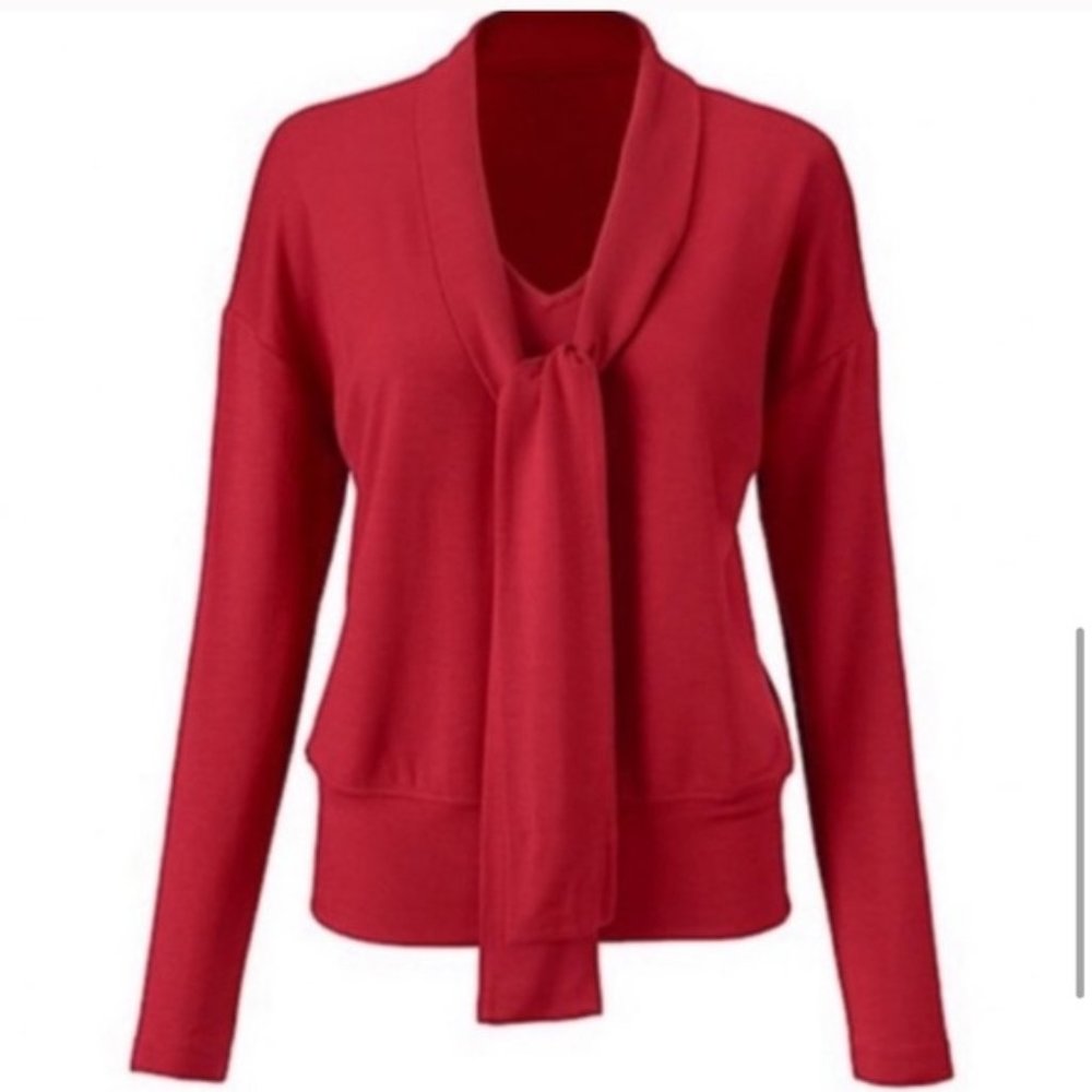 CAbi Red Blouse Long Sleeve Sweater Neck Tie Medium Holiday Rayon